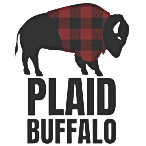 Black Buffalo wearing a red and black plaid shirt with the words 'Plaid Buffalo' below